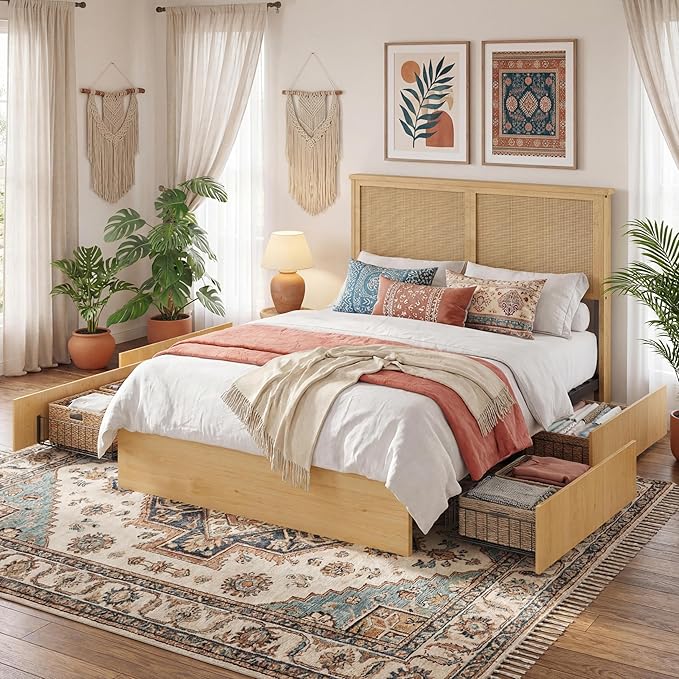 GAOMON Full Size Rattan Bed Frame with 4 Storage Drawer, Boho Style Rattan Bed with LED Light & Natural Headboard, Sturdy Wooden Slats Support, No Box Spring Needed