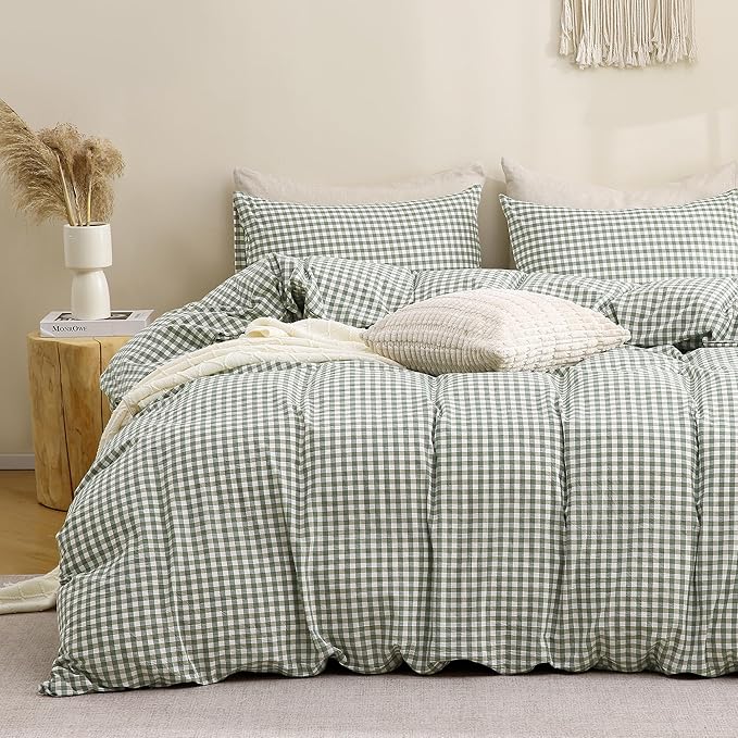 TOCOMOA Green Gingham Duvet Cover Bedding Set 100% Washed Cotton Like Linen Feel Super Soft Comfortable 3 Piece Vintage Plaid Checkered Comforter Cover Set (King 104"x90", Comforter Not Included)