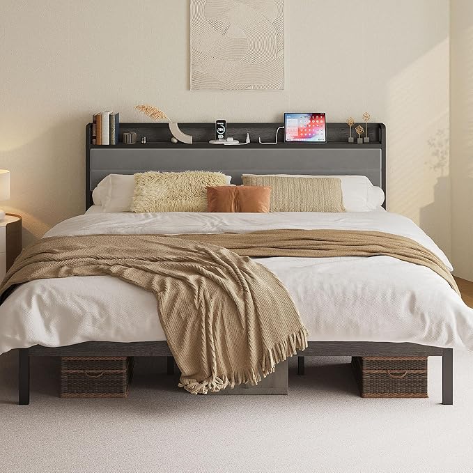 LIKIMIO California King Bed Frame with Storage Headboard & LED Lights, Metal Platform Bed with Charging Station, Noise Free, No Box Spring Needed, Under Bed Storage, Charcoal Gray