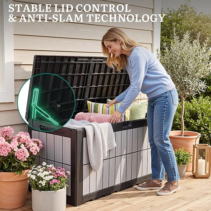 YITAHOME 134 Gallon Large Deck Box, Waterproof Resin Outdoor Storage Box with Lock, Doubles as Bench Seating for Patio Furniture Cushions,Garden Tools & Pool Accessories, Black & Wood-Grain Gray