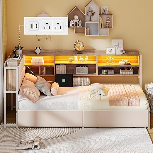 Twin Corner Bed Frame with Storage Drawers and Bookcase & Flip-up Storage Headboard, Twin Size Platform Corner Bed Frame with Charging Station and LED Lights, Twin Daybed for Dorm or Guests, Beige