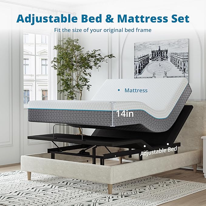 EGOHOME Adjustable Bed Frame Queen and 14 inch Charcoal Gel Memory Foam Mattress Set for Pain Relief, Metal Foldable Bed Base with Remote for Independent Head and Foot Incline, Zero Gravity Mode
