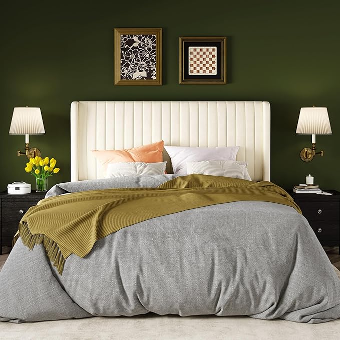 Allewie Full Size Velvet Bed Frame/Vertical Channel Tufted Wingback Headboard/Upholstered Platform Bed/Strong Wooden Slats/No Box Spring Needed/Easy Assembly/Cream White