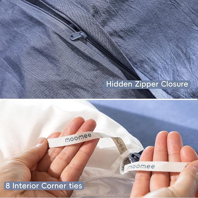 MooMee Bedding Duvet Cover Set 100% Washed Cotton Linen Like Textured Breathable Durable Soft Comfy (Heathered Blue, Super King Plus 120"x120")