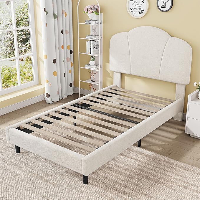 LIKIMIO Twin Size Bed Frame, Upholstered Twin Platform Bed with Headboard Lamb Velvet Twin Beds, No Box Spring Needed with 800LBS Sturdy Wooden Slats Support, Noise Free, Easy Assembly, White