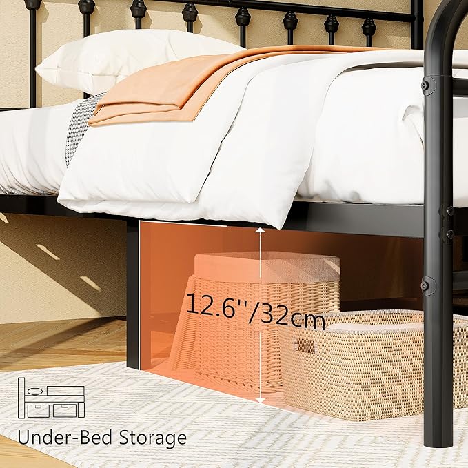 zunatu King Size Metal Platform Bed Frame/Victorian Style Headboard and Footboard/Steel Slat Support/Easy Assembly/No Box Spring Needed/Underbed Storage/Noise Free/Black