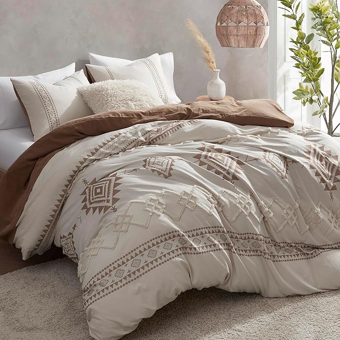 Oli Anderson Boho Duvet Cover Set Twin Size, Beige and Terracotta Color Clash 2 Pieces Microfiber Bedding Set, Durable and Super Soft Duvet Covers with Zipper and Ties, 68"*90"