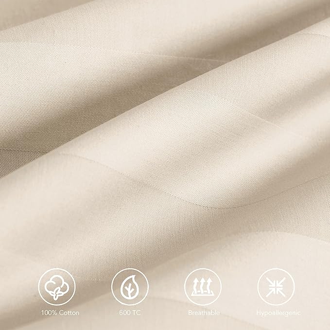 100% Egyptian Cotton Pillow Protectors Set of 4, 600 Thread Count Queen Size Bed Pillow Cases with Zipper, Sateen Weave Cooling Pillow Cases Quiet and Breathable Easy Care (4PCS, Stripe-Beige)