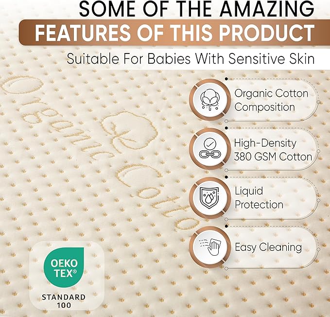 Luxury Organic Cotton Crib Mattress Pad - Skin Friendly, Waterproof, Breathable & Absorbent Mattress Protector - Ultra Thick 380GSM 3D Air Fabric - Fitted for Standard Baby Crib Size