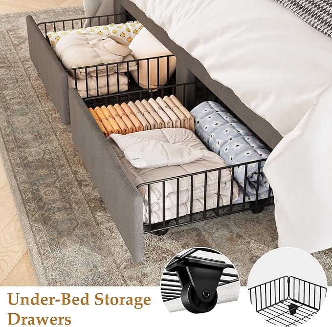 GarveeHome Full Size Bed Frame, Bed Frame Upholstered Platform Bed with Velvet Headboard, Wing Edge Design, 2 Storage Drawers, No Box Spring Needed, Grey