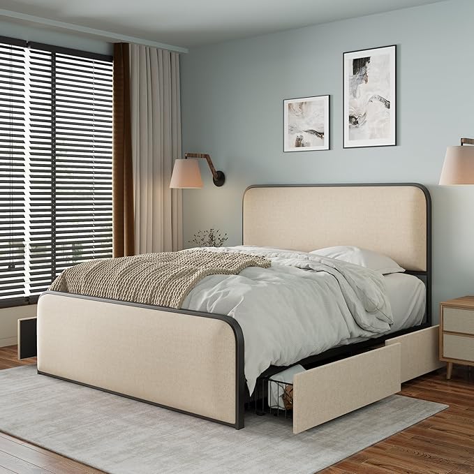 Merax Queen Size Metal Bed Frame with Curved Upholstered Headboard and Footboard, Modern Platfrom Bed & 4 Storage Drawers Under Bed, No Box Spring Needed, Easy Assembly, Beige