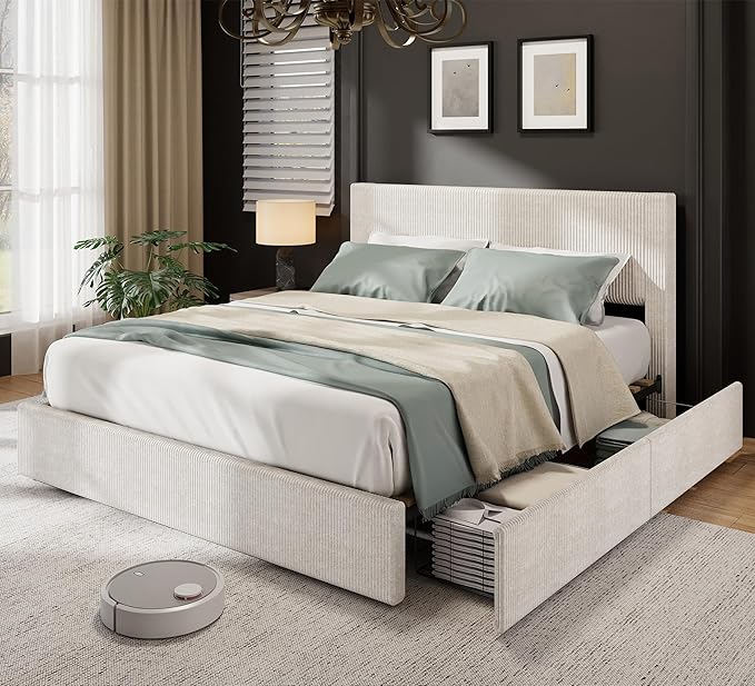 IDEALHOUSE Queen Bed Frame with Tufted Wingback Headboard, Platform Corduroy Upholstered Bed Frame with 4 Storage Drawers and Wooden Slats Support, No Box Spring Needed, Beige