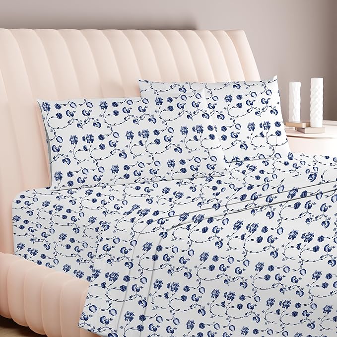 Carressa Linen Luxury Egyptian Cotton Twin XL Printed Sheet Set - 600 Series Extra Long Staple 3 PC Set, Floral Blue Twin XL Sheets, Soft, Cooling Sateen Weave Sheets Upto 18 in Deep Pocket