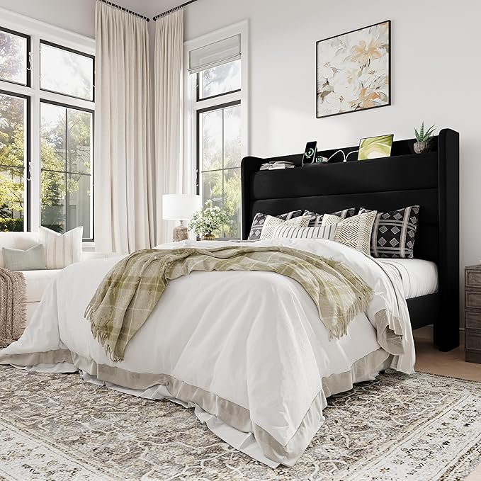 Allewie Queen Size Upholstered Bed Frame with Charging Station & Storage Headboard, Soft Velvet Wingback Platform Bed, Strong Wooden Slats Support, No Box Spring Needed, Easy Assembly, Black