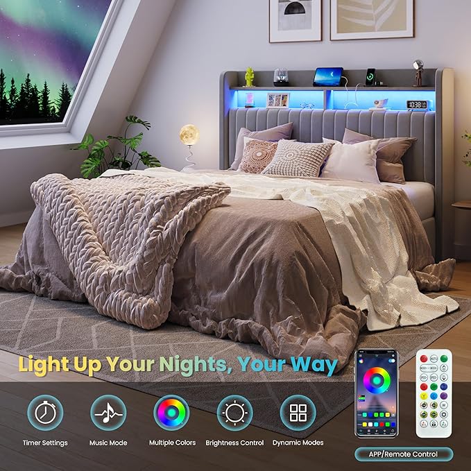 SHA CERLIN Full Size Lift Up Storage Bed Frame/LED Lights/Charging Station/2-Tier Shelves Headboard/USB,Type-C Ports/Velvet Upholstered/Hydraulic Support/No Box Spring Needed/Noise Free/Gray