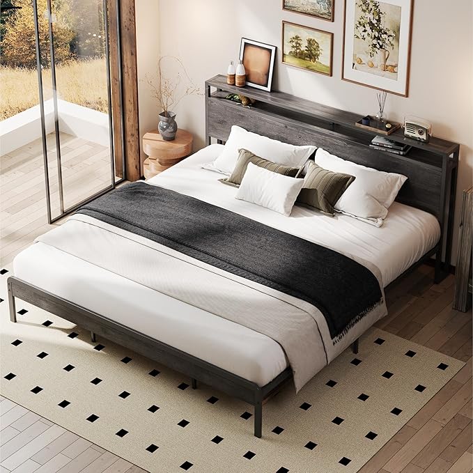 LIKIMIO California King Bed Frame with Headboard, Dark Wood Camas California King with Strong Supports, Sturdy, Noise-Free, No Box Spring Needed, Grey