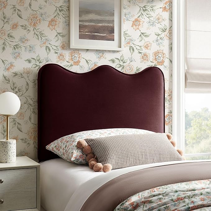 Monday Athena Twin Size Performance Velvet Adjustable Headboard in Mulberry - with Scalloped Wave Design and Stain-Resistant Velvet Upholstery
