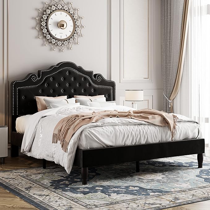 Allewie Queen Velvet Bed Frame with Adjustable Headboard, Wooden Slats, No Box Spring Needed, Easy Assembly, Black