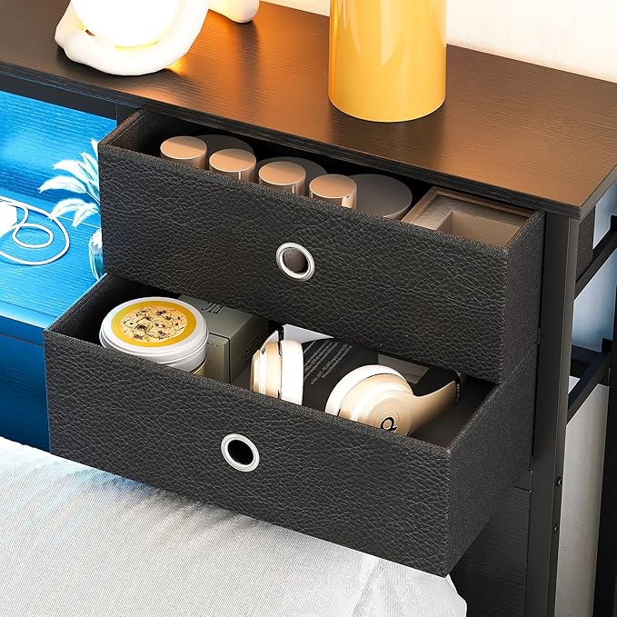 GiftGo Queen Size Headboard with 4 Fabric Storage Drawers Charging Station LED Light Adjustable Height Storage Rack Sturdy and Stable Metal Frame & Wood Shelf (Black, King (U.S. Standard))
