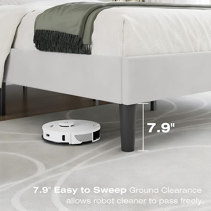 VECELO Queen Size Bed Frame with Upholstered Headboard, Heavy-Duty Bedframe with Wooden Slats & Steel Framework, Easy Assembly, Pure White
