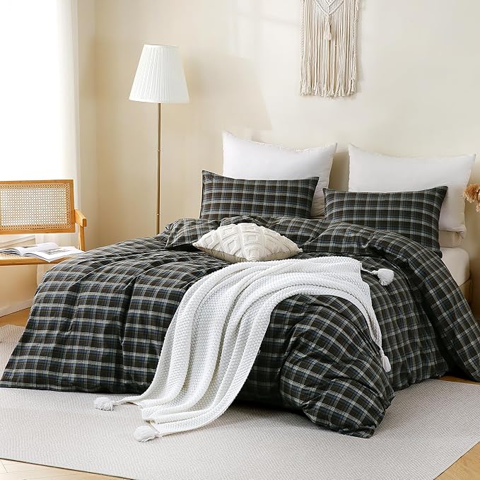 TOCOMOA Buffalo Plaid Duvet Cover Set 100% Washed Cotton Like Linen Feel Super Soft Comfy 3 Piece Brown Blue Gingham Checkered Bedding Comforter Cover Set (Queen 90"x90", Comforter Not Included)
