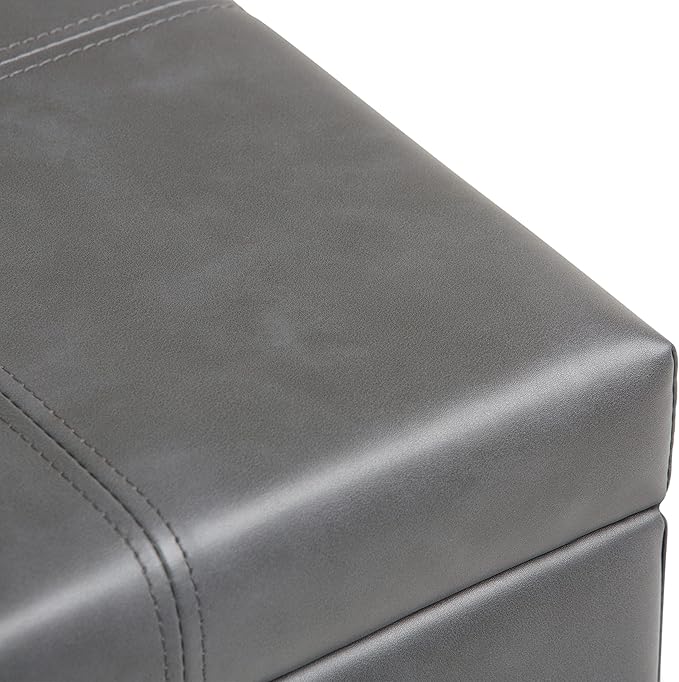 SIMPLIHOME Dover Storage Ottoman Bench - 36 inch Wide Upholstered Vegan Leather Rectangular Lift-Top Ottoman in Stone Grey, Contemporary Bench for Living Room with Safety Hinges