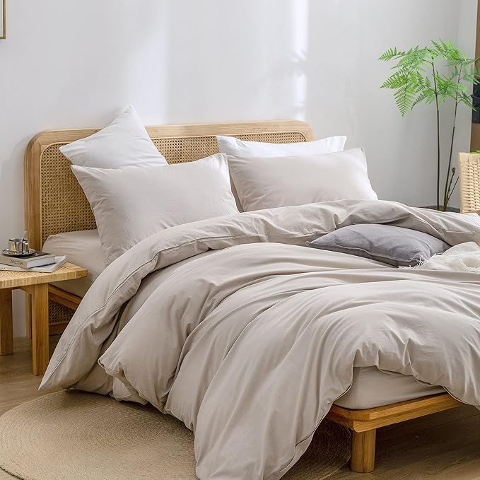 BESTOUCH Duvet Cover Set 100% Washed Cotton Linen Feel Super Soft Comfortable Chic Lightweight 3 PCs Home Bedding Set Solid Linen Grey Oversized King