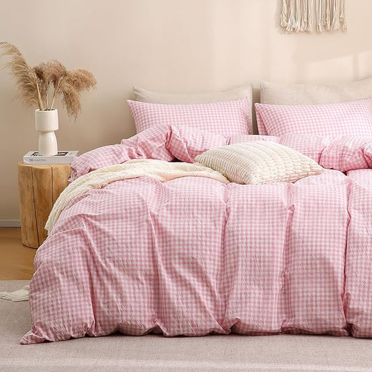 TOCOMOA Pink Gingham Duvet Cover Bedding Set 100% Washed Cotton Like Linen Feel Super Soft Comfortable 3 Piece Cute Plaid Checkered Comforter Cover Set (Queen 90"x90", Comforter Not Included)