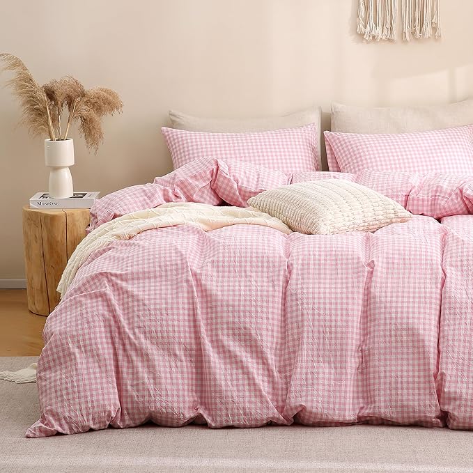 TOCOMOA Pink Gingham Duvet Cover Bedding Set 100% Washed Cotton Like Linen Feel Super Soft Comfortable 3 Piece Cute Plaid Checkered Comforter Cover Set (King 104"x90", Comforter Not Included)