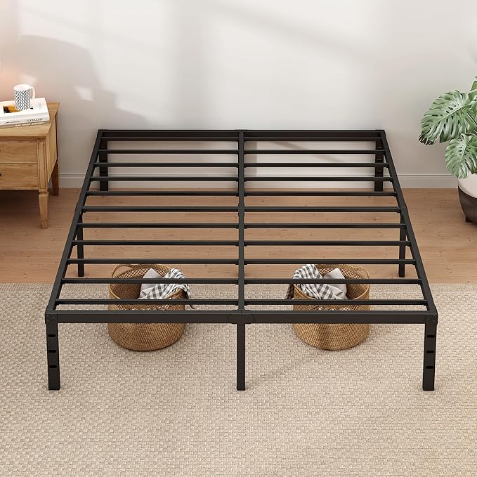 NEW JETO Metal Bed Frame,Queen Size Bed Frame with Storage Space,Heavy Duty Sturdy Mattress Foundation,Easy Assembly,No Box Spring Needed, Black,18 Inch,Queen