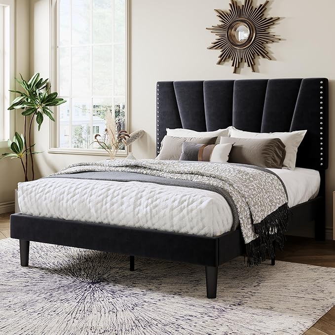 Allewie Full Size Bed Frame with Adjustable Velvet Upholstered Headboard, Rivet-Style Nailhead Trim Detail Platform Bed Frame, Wooden Slat Support, No Box Spring Needed, Easy Assembly, Black