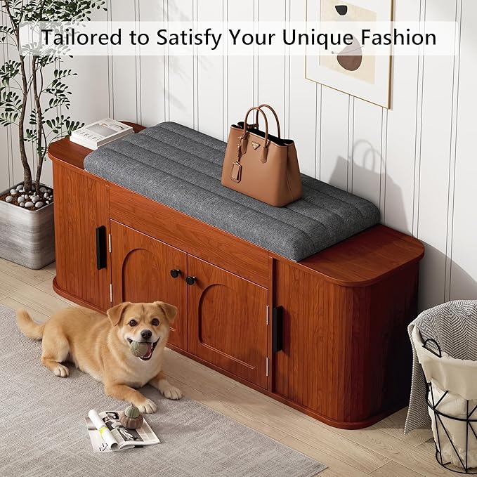 Einhomn 47.2'' Sliding Door Entryway Shoe Storage Bench with Seat Cushion, Shoe Rack with Lift-Top Hidden Storage & Adjustable Shelf, Bench for Bedroom End of Bed, Walnut