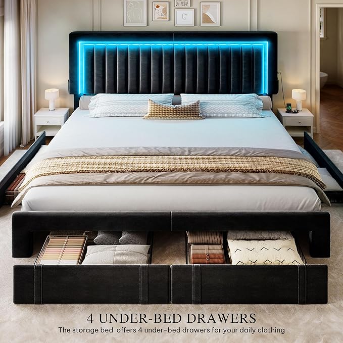 YITAHOME King Size Bed Frame with Adjustable Headboard, 4 Storage Drawers and RGB LED Lights, Velvet Upholstered Platform Bed with USB Ports, No Box Spring Needed, Fast Assembly, Noise-Free, Black