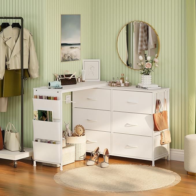 Simoretus Modern Corner Vanity Desk with 6 Fabric Drawers Power Outlet Side Pocket L Shaped Drawers Makeup Desk Dressing Table for Girls Women Bedroom (White)