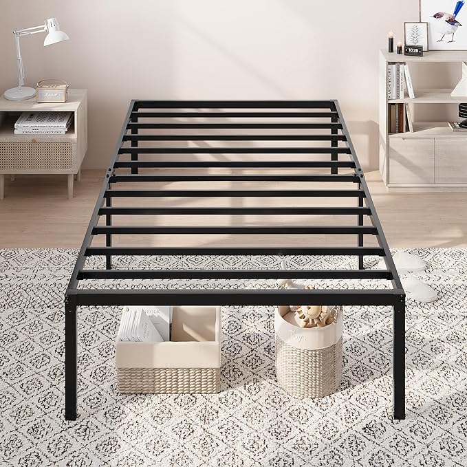 Allewie Twin Bed Frame, 18 Inch Metal Platform Beds with Storage Space, No Box Spring Needed and Easy Assembly, Black