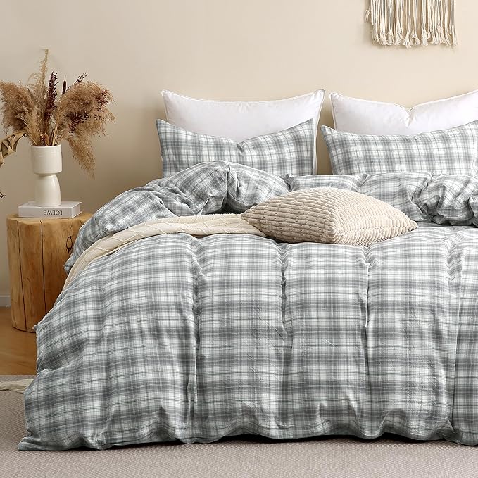 TOCOMOA Plaid Duvet Cover Set 100% Washed Cotton Like Linen Feel Super Soft Comfy 3 Piece Grey and Green Gingham Checkered Bedding Comforter Cover Set (Queen 90"x90", Comforter Not Included)