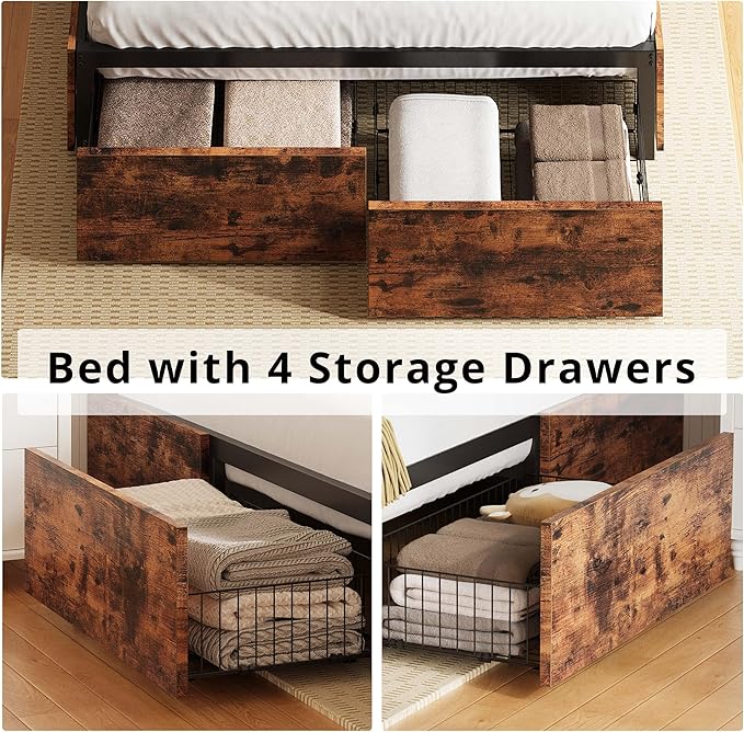 LIKIMIO Queen Bed Frame with Storage, 4 Drawers and Heavy Strong Metal Support Frames, Solid Stable, No Box Spring Needed, Noise-Free, Easy Assembly, Industrial Brown