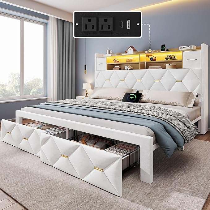YITAHOME King Size Bed Frame with 2 Storage Drawers and Storage Headboard, Upholstered Platform with Charging Station and LED Light, No Box Spring Needed, Noise Free, Easy Assembly, Velvet White