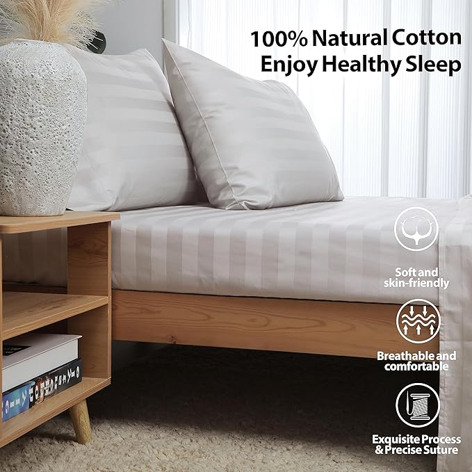 2-Pack Pure Cotton Twin XL Fitted Sheet for Adjustable Bed Split King, 600 TC 16" Deep Pocket Egyptian Cotton Fitted Sheet (2pcs, Twin XL, Stripted Light Beige)