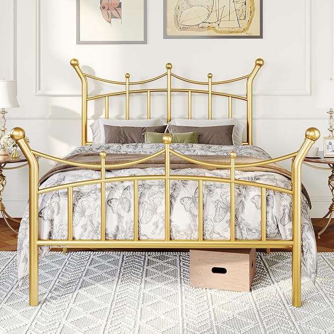 Allewie 14 Inches Twin Size Metal Platform Bed Frame with Elegant Crown Iron-Art Headboard & Footboard, Sturdy Mattress Foundation with Under-Bed Storage, Easy Assembly, No Box Spring Needed, Gold