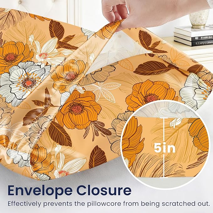 EXQ Home Satin Pillowcase for Hair and Skin - Printed Autumn Flowers Silk Body Pillowcase 20x54 inches - Body Pillow Cases with Envelope Closure, Gifts for Women Men