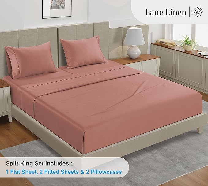 LANE LINEN Split King Sheet Sets for Adjustable Beds - 5 PCs, 450 Thread Count Split King Sheets Set - Sateen King Split Sheets for Adjustable Bed - Split Top King Sheets Set for Bed - Rose Dawn