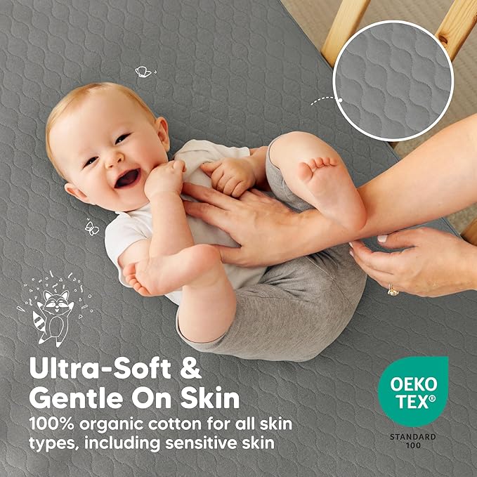 2-Pack Waterproof Crib Mattress Protector Cover Fitted - Quiet Baby Crib Mattress Pad Sheets, 52" x 28" Soft Quilted Cotton Baby Sheet, Machine Washable, Easy Fit, Durable (Granite/Mavy)