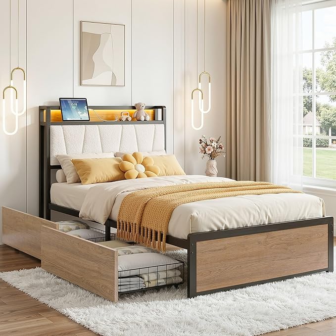 LIKIMIO Twin Bed Frames, DIY Storage Drawer Layout, Charging Station & LED Lights, Boucle Upholstered Platform Twin Bed Frame for Teen Rooms, Small Apartments & Bedrooms, Wood and Cream