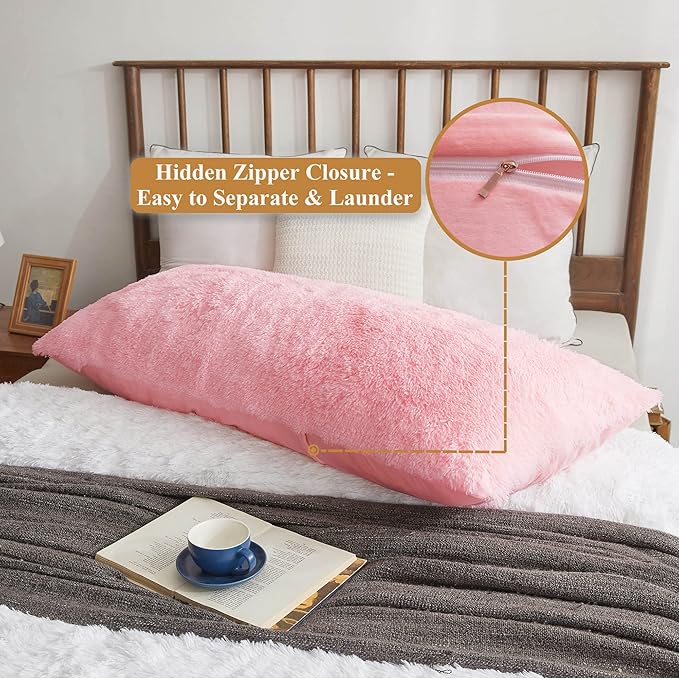 XeGe Cozy 20x54 Long Fluffy Body Pillow Cover, Plush Fuzzy Faux Fur Body Pillowcase with Zipper, Rectangular Furry Bed Pillow Sham for Pregnant Women Side Sleeper, Shaggy Bedding Pillow Light Pink