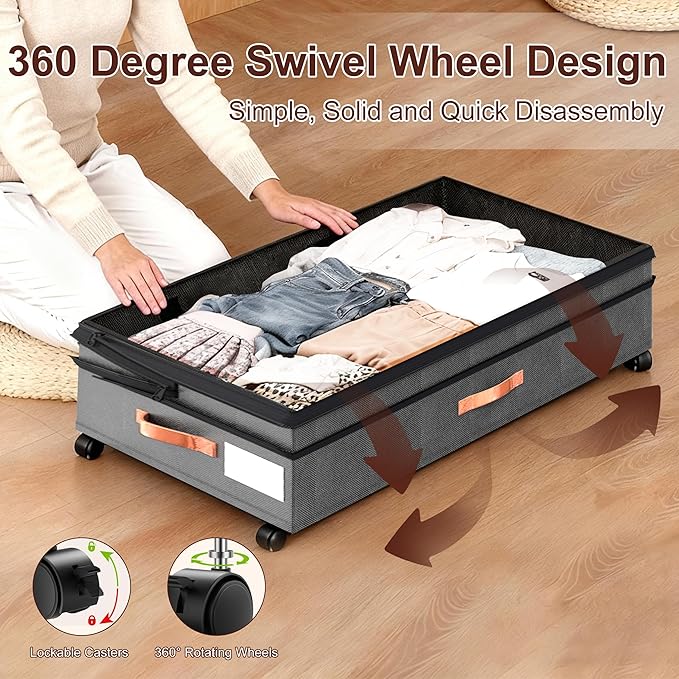 Under Bed Storage Organizer with Wheels - 2Pack 70L Extra Large Rolling Storage Bins with Clear Lid & Labels for Clothes, Shoes, Blankets (XXL,Grey)