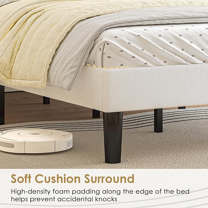 VECELO Queen Size Platform Bed Frame with Height Adjustable Upholstered Headboard, Modern Mattress Foundation,Strong Wood Slat Support, No Box Spring Needed, Easy Assembly,White