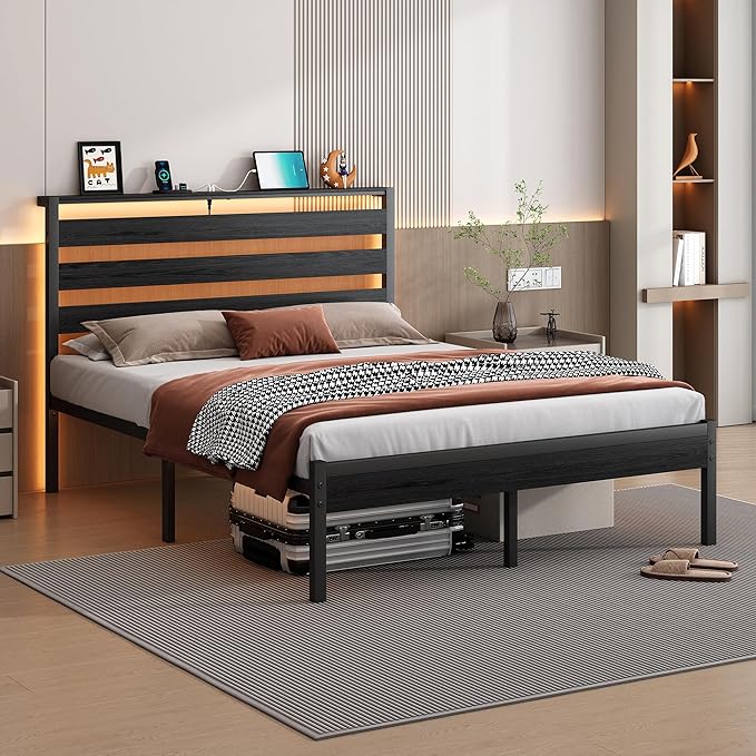 CLIBFENG 14 Inch Classic Metal Platform Bed Frame-Full Size Bed Frame with Headboard,Steel Slats Support-LED Bed Frame with USB Charging Station,Under Bed Storage,No Box Spring Needed,Noise Free