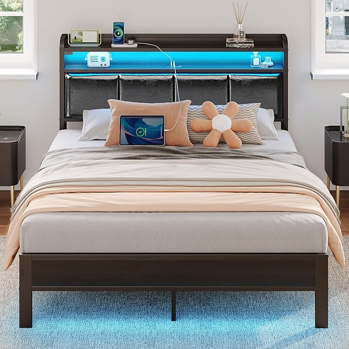 Rolanstar Bed Frame Full Size with Charging Station and LED Lights, PU Leather Headboard with Storage Shelves, Heavy Duty Metal Slats, No Box Spring Need, Noise Free, Easy Assembly, Black