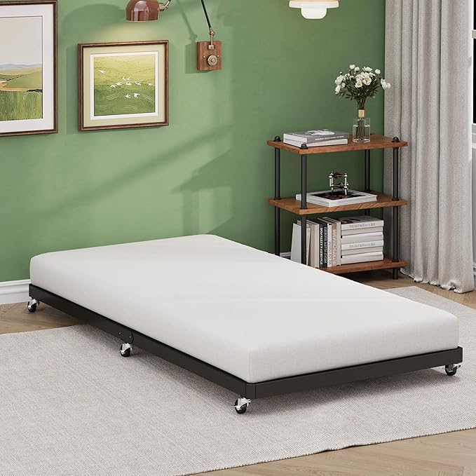 Lutown-Teen Twin Trundle Bed Frame with Metal Slats, Roll-Out Design, Easy Assembly Steel Frame with Lockable Wheels, Noiseless Pull Out Bed for Bedroom, Living Room or Guest Room, Black